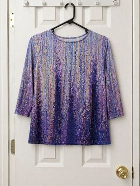 Women’s Purple Abstract Print Top 3/4 Sleeve Blouse Artsy Multicolor Stretch Shi